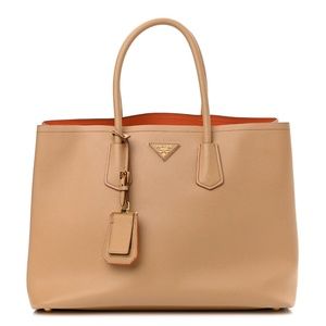 PRADA Saffiano Cuir Medium Double Bag Noisette Papaya